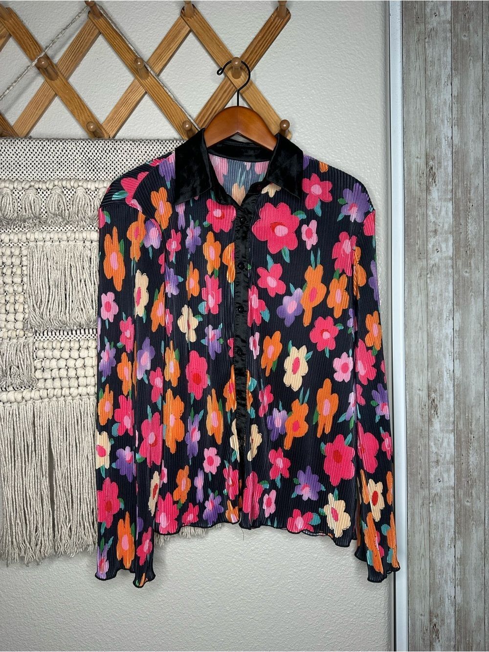 Floral Button-Front Blouse in Black with Multicolor Blooms